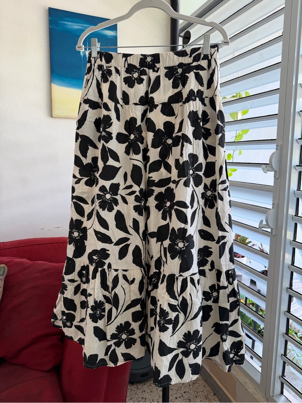 Japna Black and White Floral Tiered Maxi Skirt